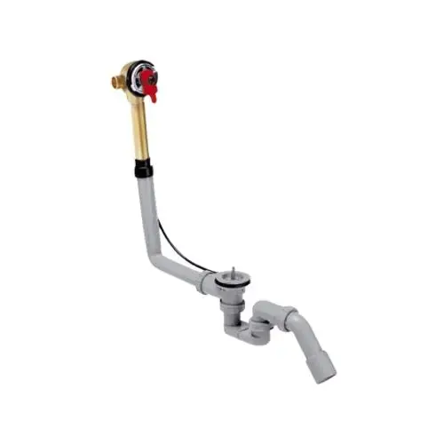 Hansgrohe Grundkörper für einen Wanneneinlauf, mit Ablauf- und Überlaufgarnitur, aus verschiedenen Materialien. Das Produkt zeigt eine Verbindung zu Rohrsystemen.